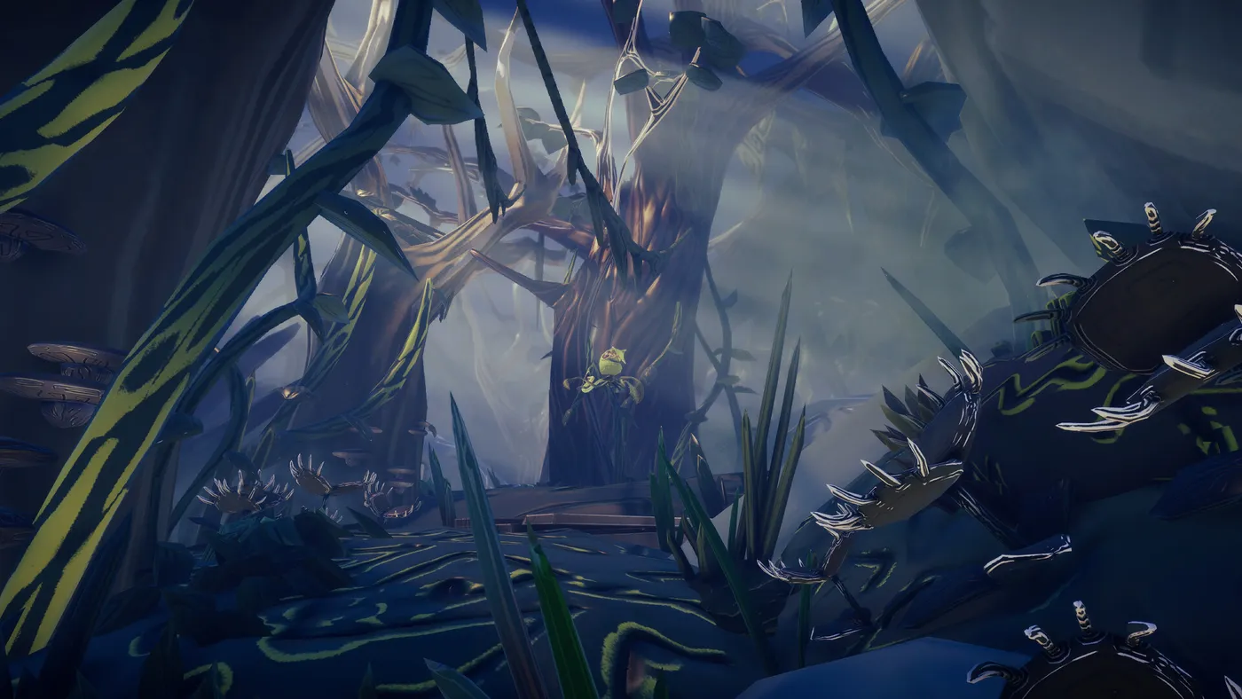 Sunbeams filter through twisted trees above a misty swamp path in Voodoo Fishin'.