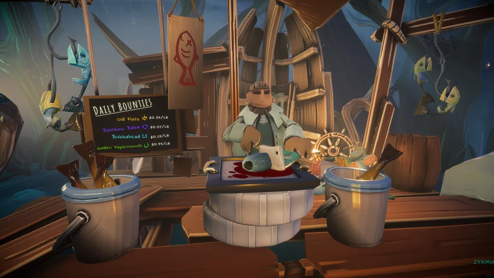 A Fish Monger at a wooden counter in Voodoo Fishin', illustrating the selling and progression systems.